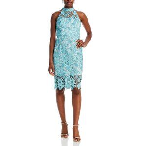 Eliza J High-Neck Sleeveless‎ Lace Sheath Dress Mini Cocktail 12 Light Blue